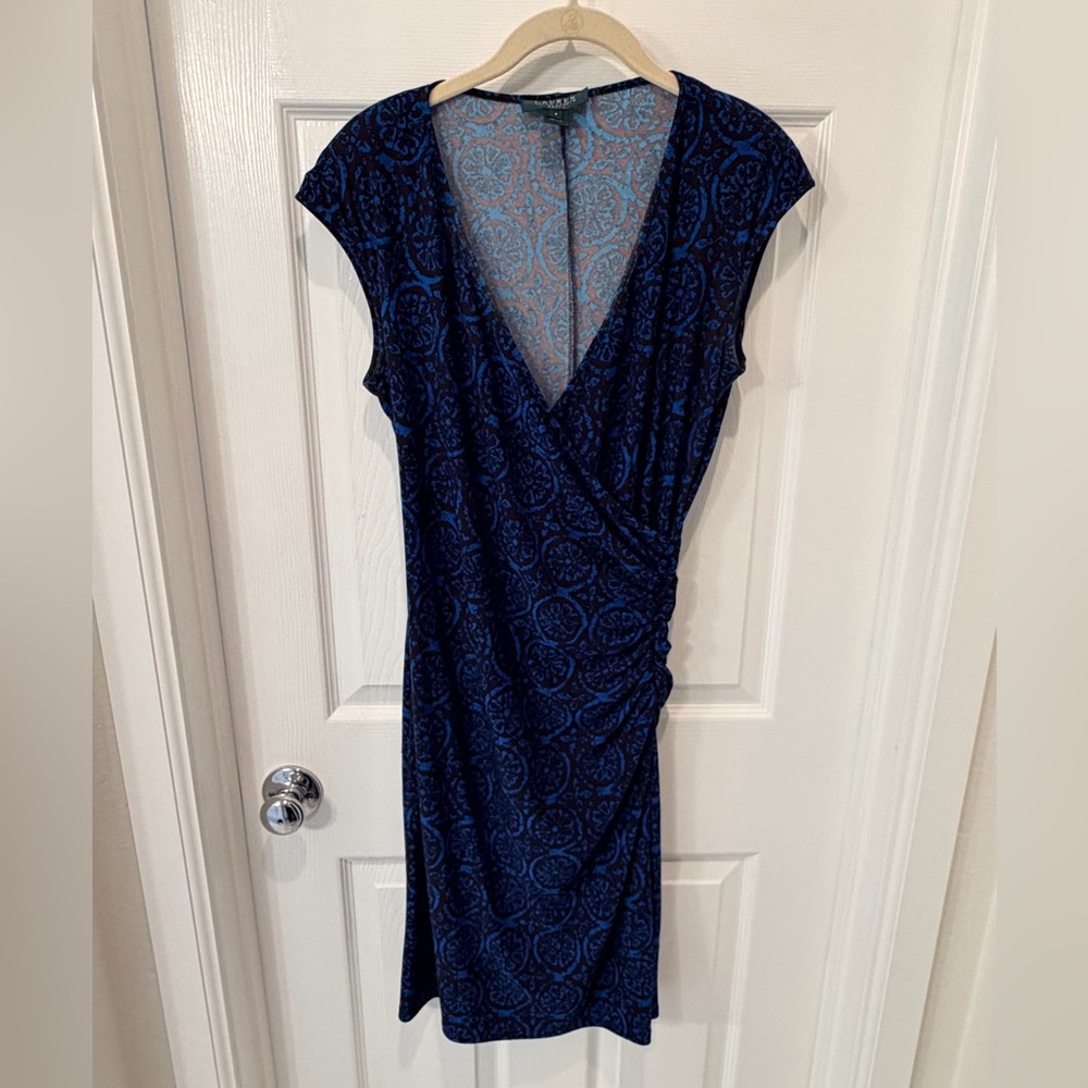 Ralph Lauren Women's Dark Brown & Navy Blue Patterned Wrap Dress